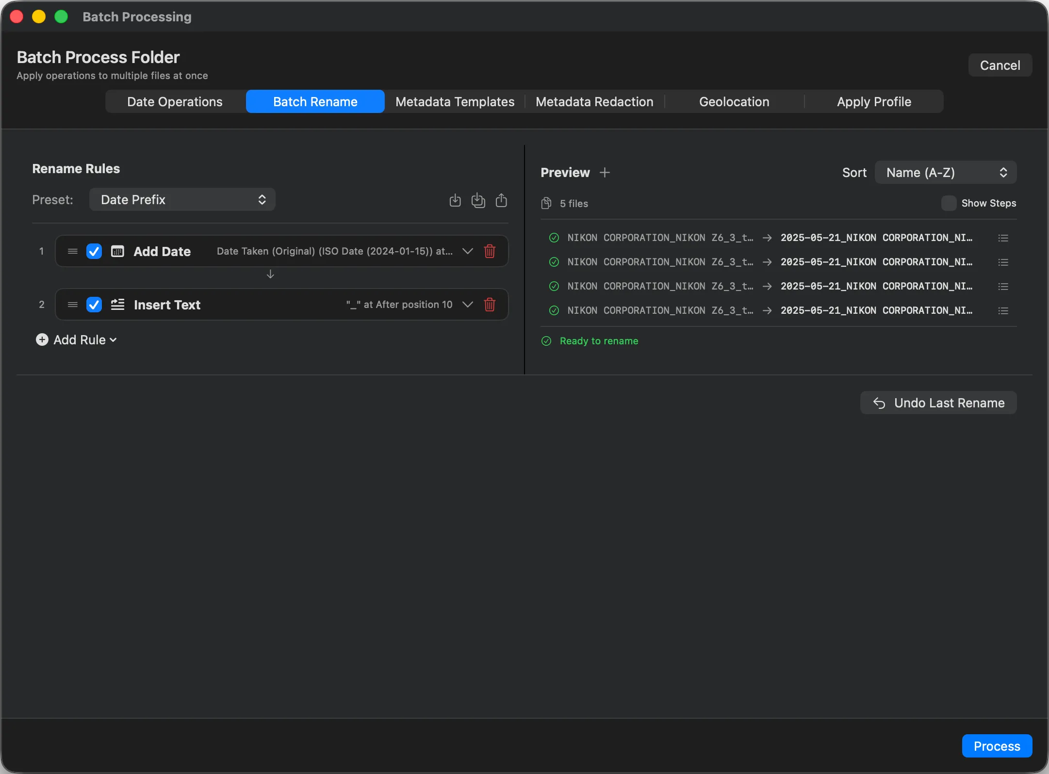 Parergon Batch Rename tab with a Date Prefix preset and an Add Date rule sourced from Date Taken, showing a live before and after column