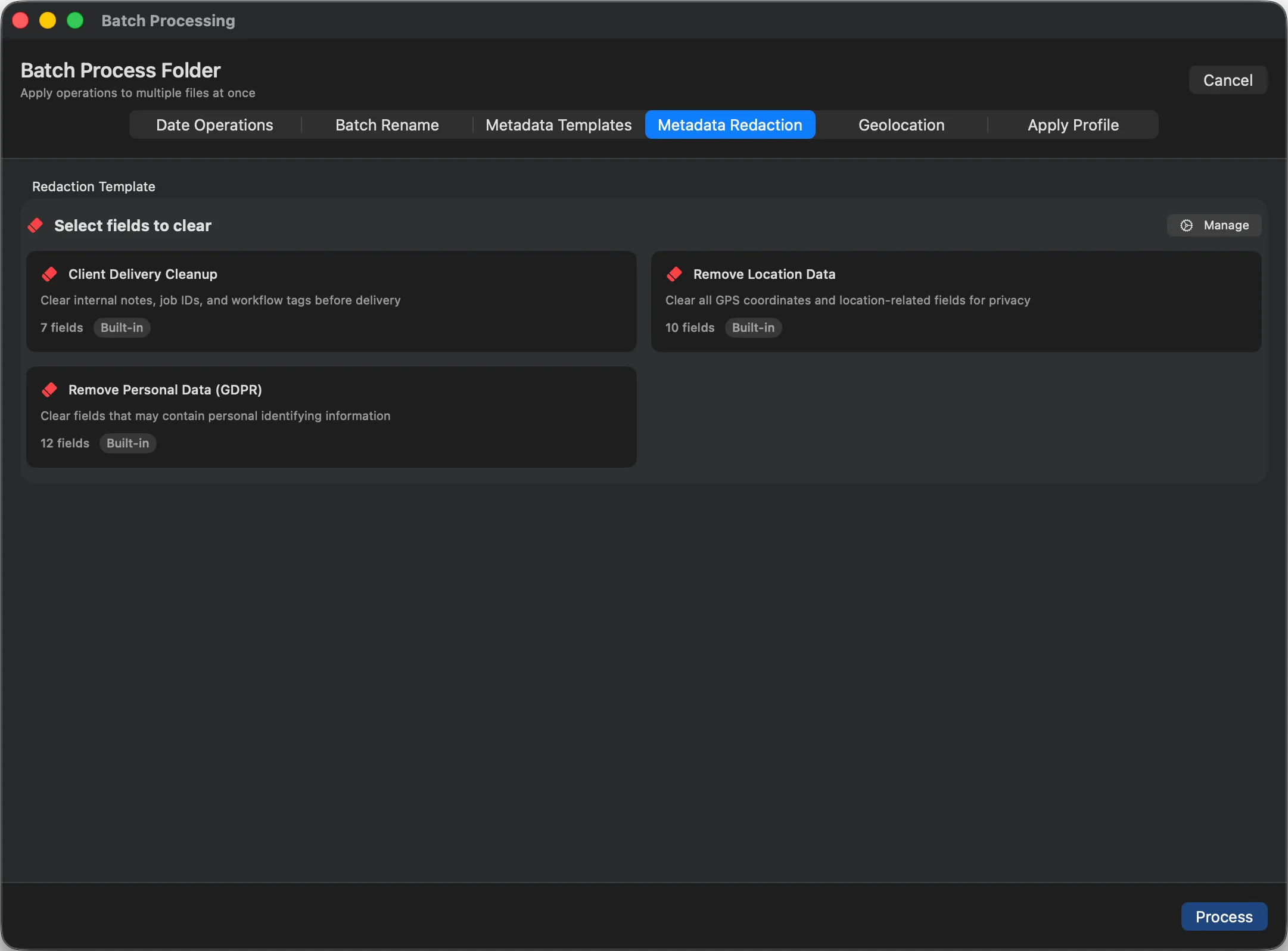 Parergon Metadata Redaction tab with a Client Delivery Cleanup template and options to remove location data and personal data