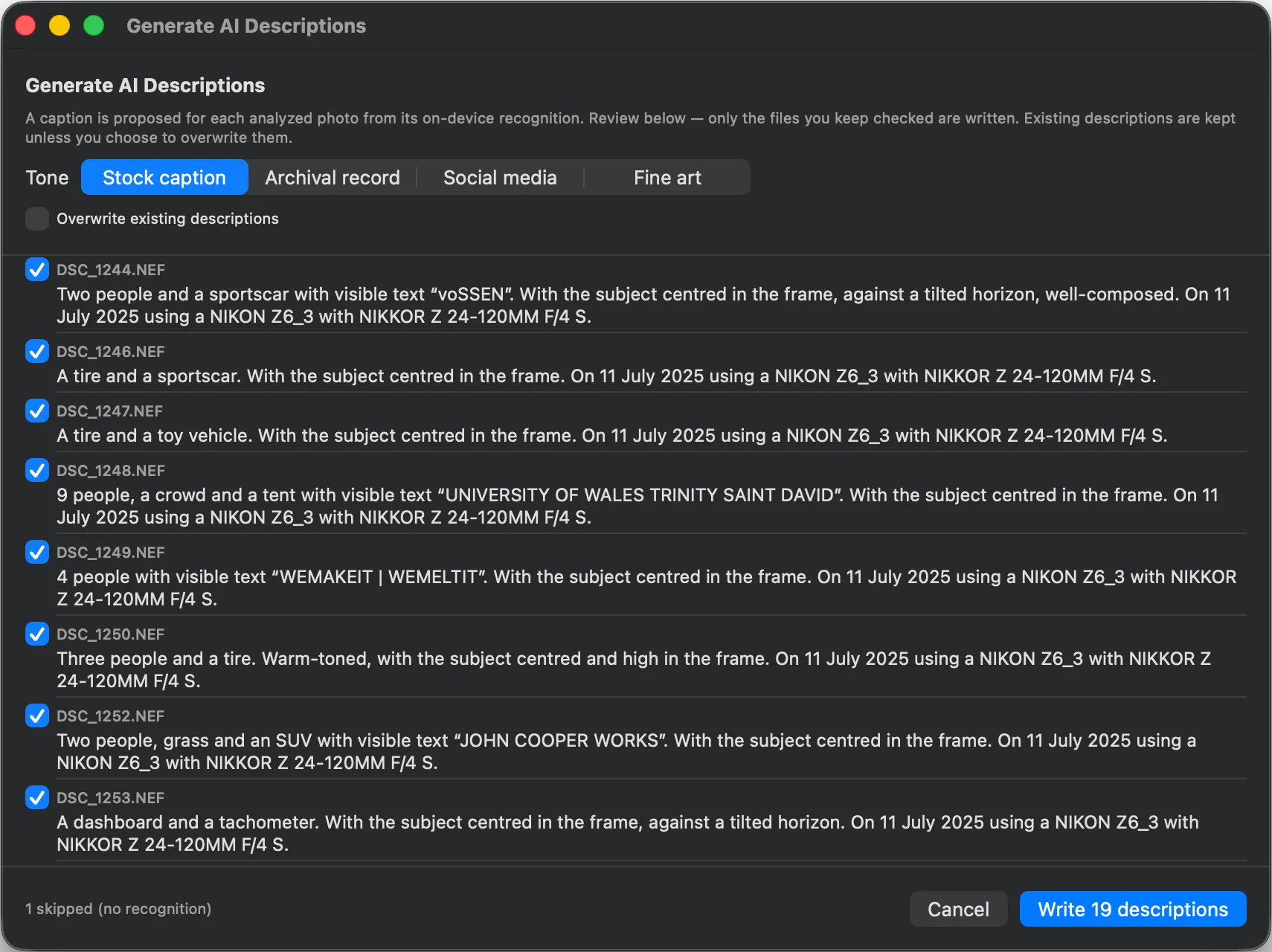 Parergon Generate AI Descriptions review list, per-photo captions in the Stock caption tone with a Write descriptions button