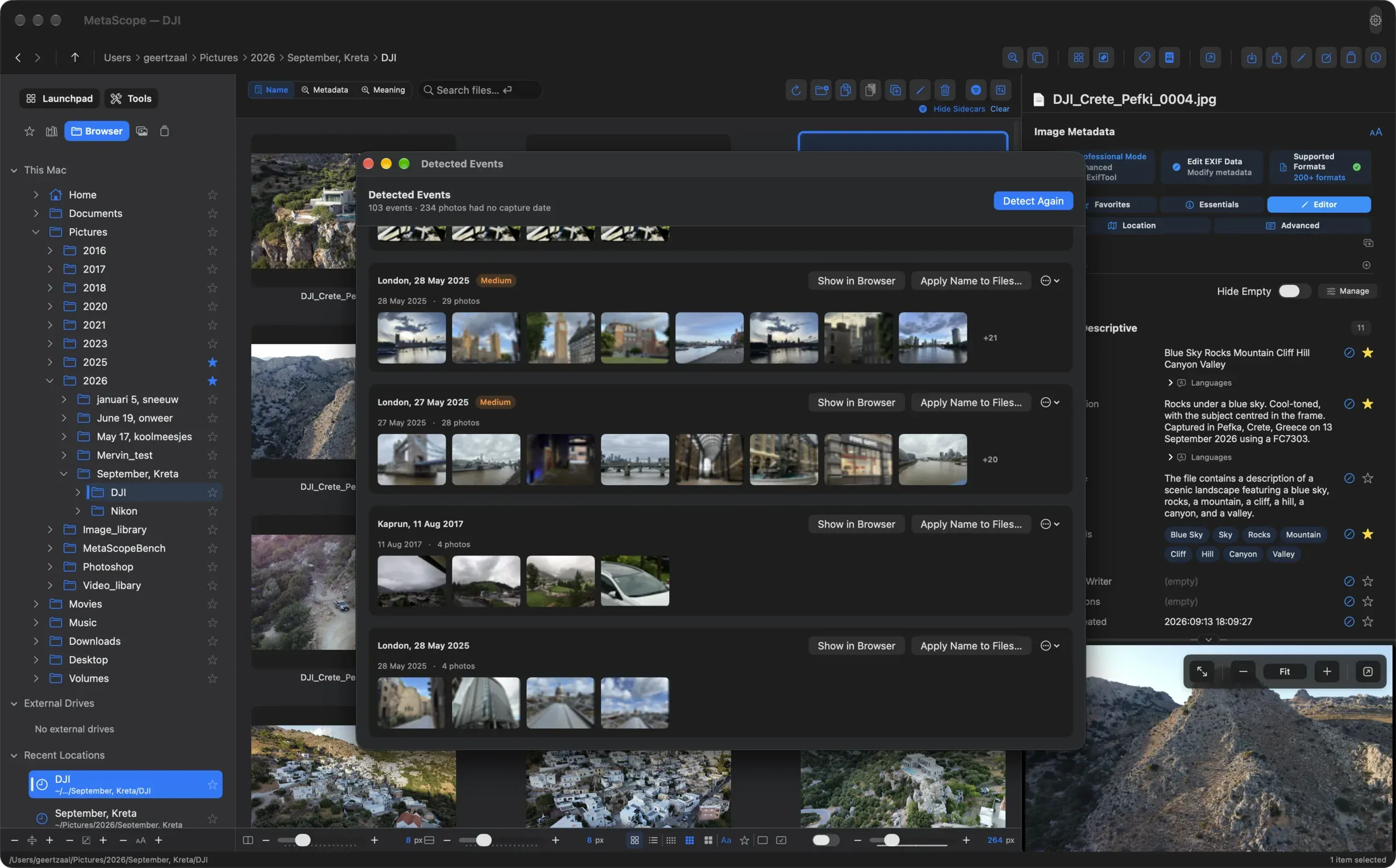 MetaScope 1.6 Detected Events: photos grouped into events named by date and, where the photos carry a location, by place, such as London, 28 May 2025 and Kaprun, 11 Aug 2017, each with Show in Browser and Apply Name to Files.