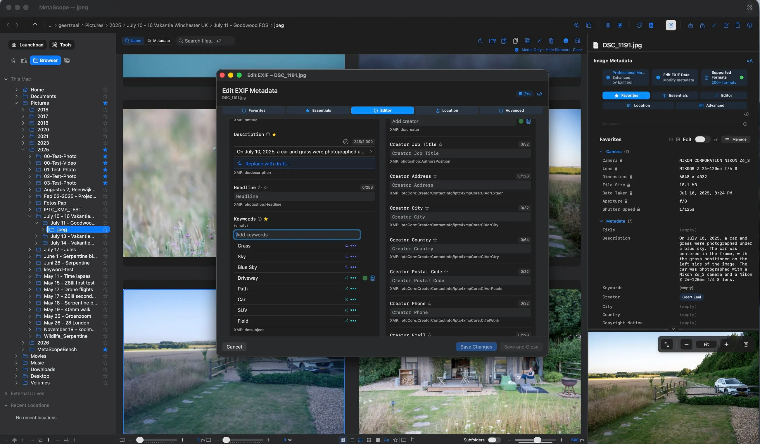 Parergon showing a photo's AI-generated description in the Edit EXIF window and the Info Panel, with smart keyword suggestions in the keyword field