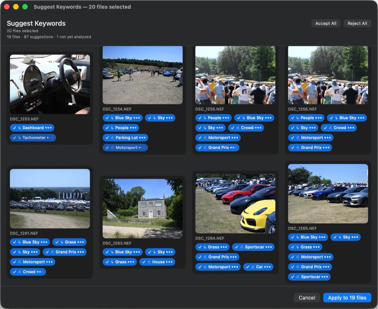 Parergon Suggest Keywords review grid with badged Vision keyword suggestions and accept or reject per photo