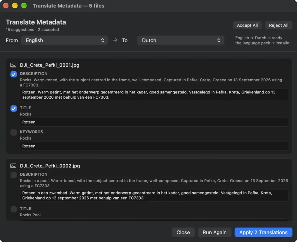 Parergon Translate Metadata review for five files from English to Dutch, each original description, title and keyword shown above its proposed translation with a checkbox, and an Apply 2 Translations button