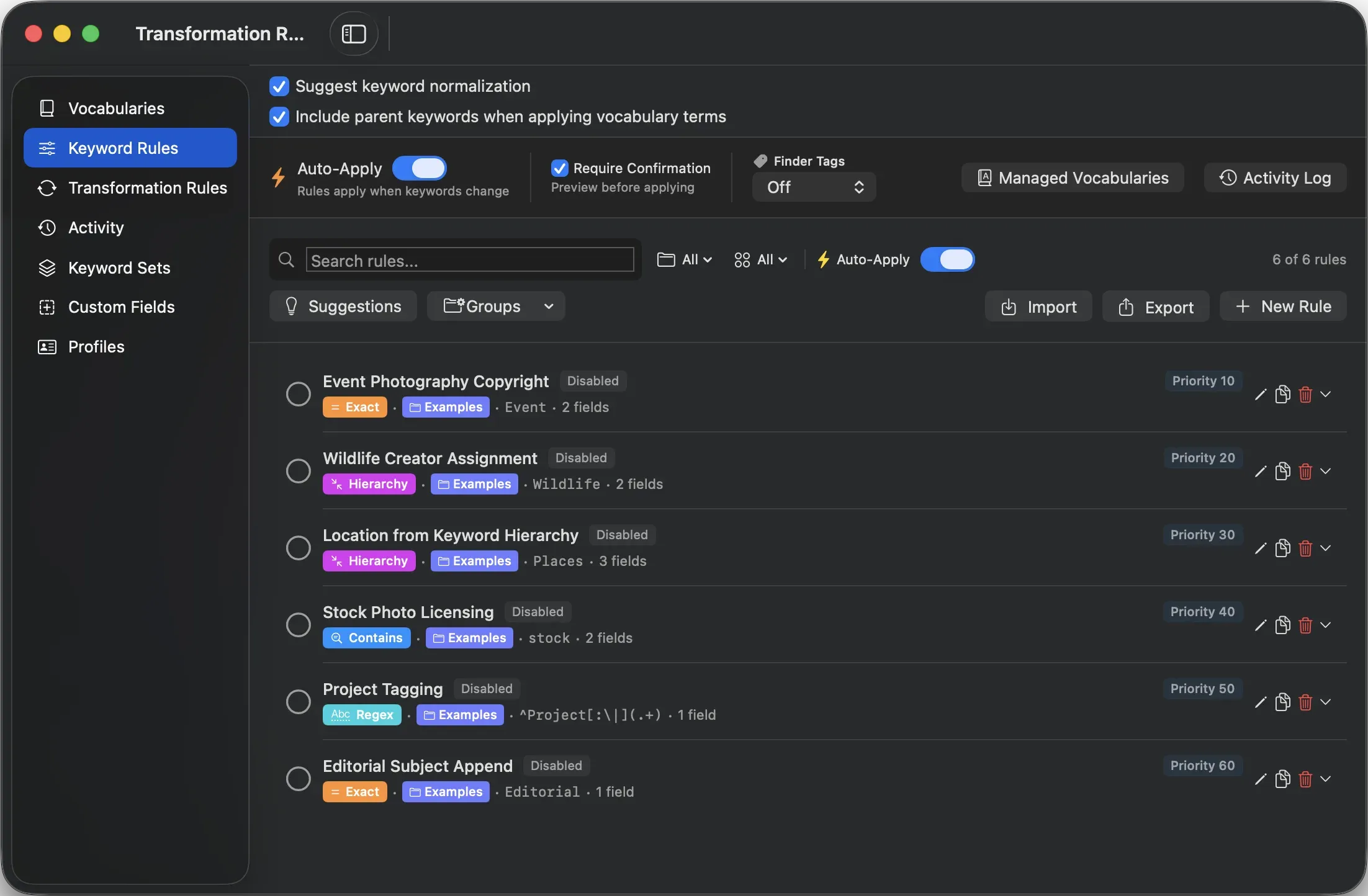 The Keyword Rules pane in dark mode, listing six prioritized rules with their match types (exact, hierarchy, contains, regex), target fields, and Auto-Apply with confirmation required before changes are written.