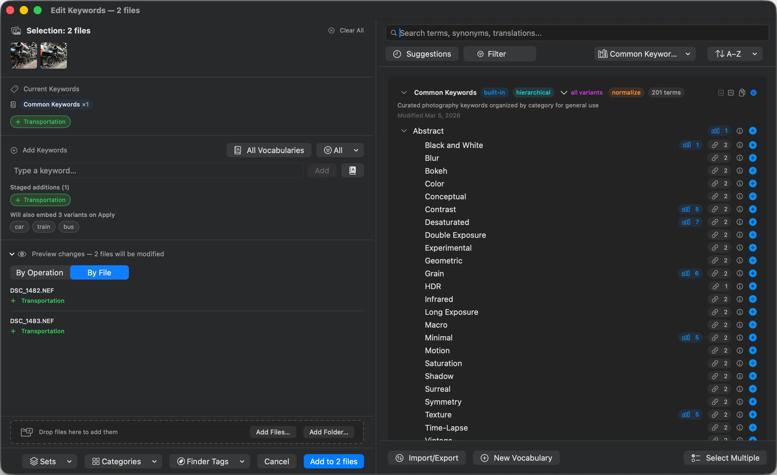 Parergon Edit Keywords workbench adding keywords across a multi-file selection, with the vocabulary browser and staged additions