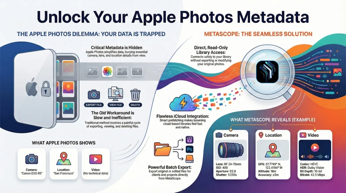 Parergon displaying detailed metadata from an iCloud Photos library
