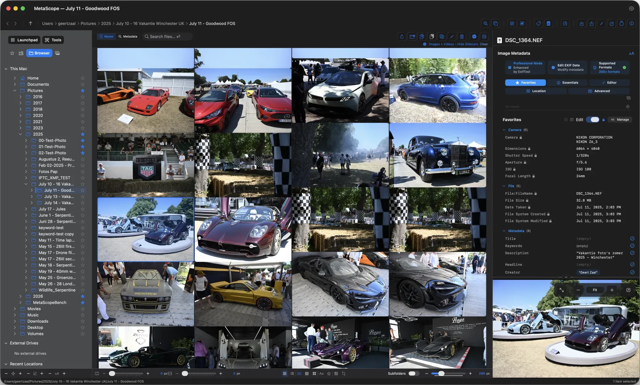 MetaScope browser in dark mode with the masonry grid, four-tab sidebar, and the metadata inspector open on a selected file