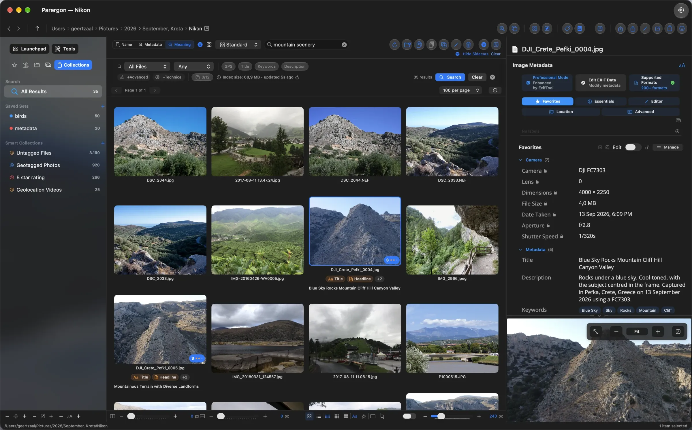 Parergon Meaning search with the query mountain scenery returning 35 results, mostly mountain landscapes, in the browser grid