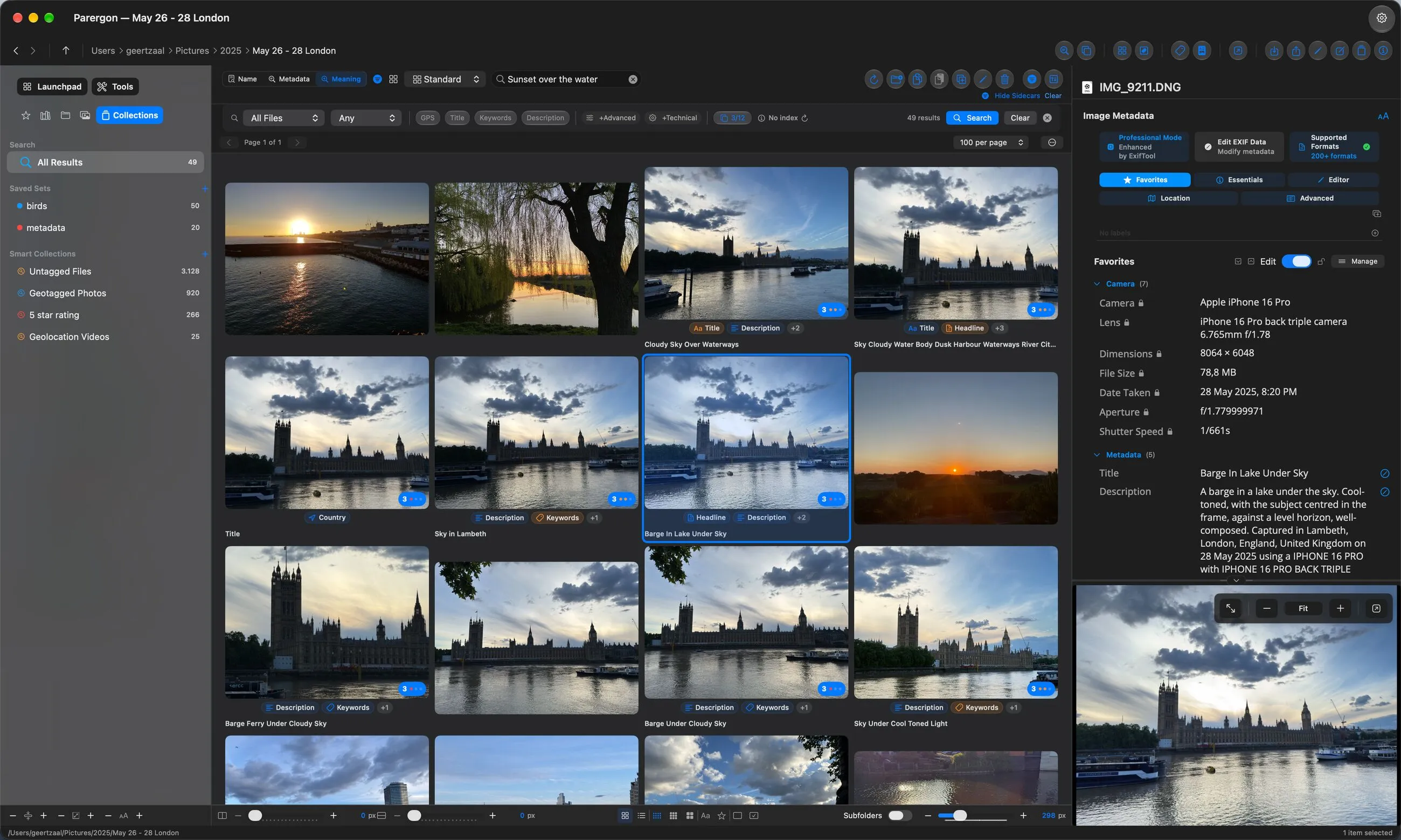Parergon in dark mode: a meaning search for “Sunset over the water” finds 49 photos of London along the Thames, each with generated titles and descriptions, next to the metadata inspector and a preview
