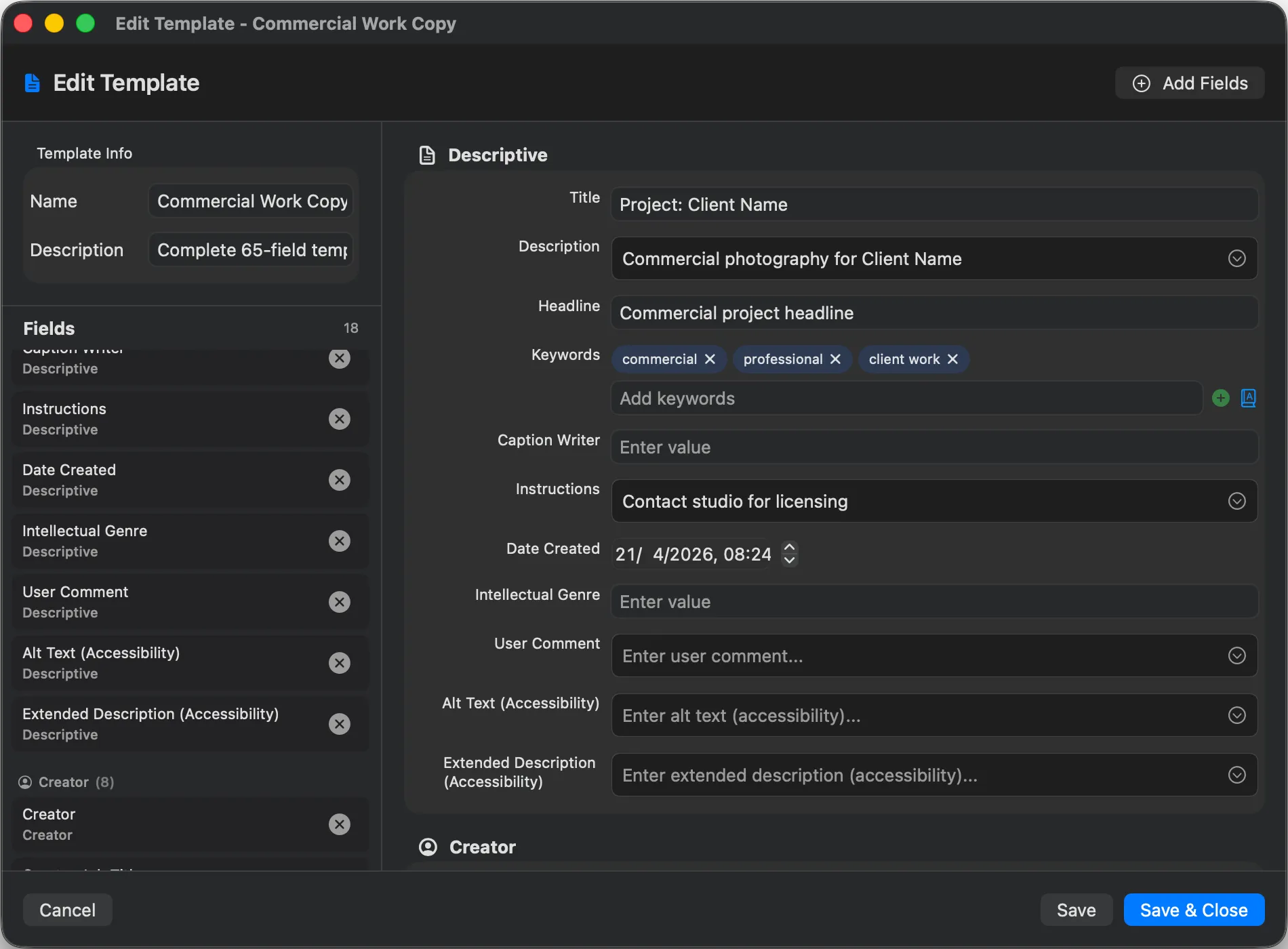 Parergon Edit Template field editor showing Creator, Copyright Notice, Credit Line and Date Created fields