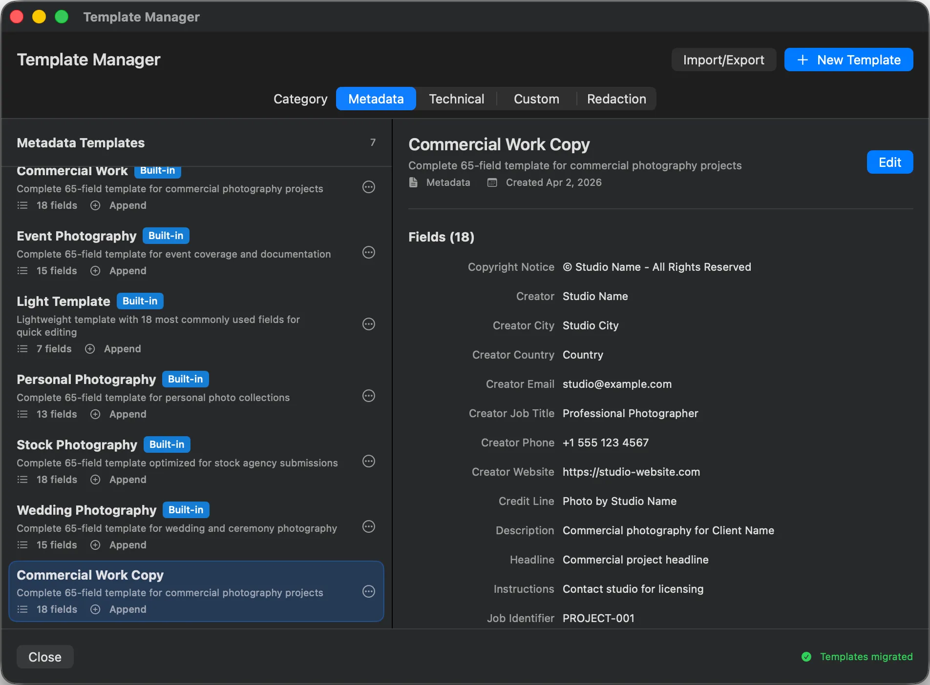 Parergon Template Manager, a Commercial Work template listing Copyright Notice, Creator, Credit Line and other IPTC rights fields