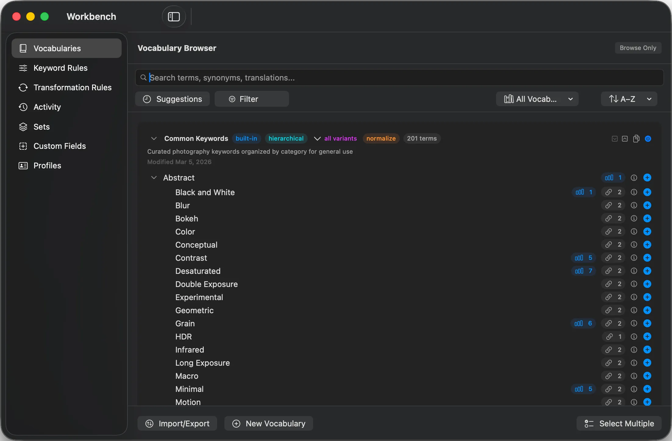 Parergon Vocabulary Browser showing a hierarchical controlled vocabulary with synonyms and translations