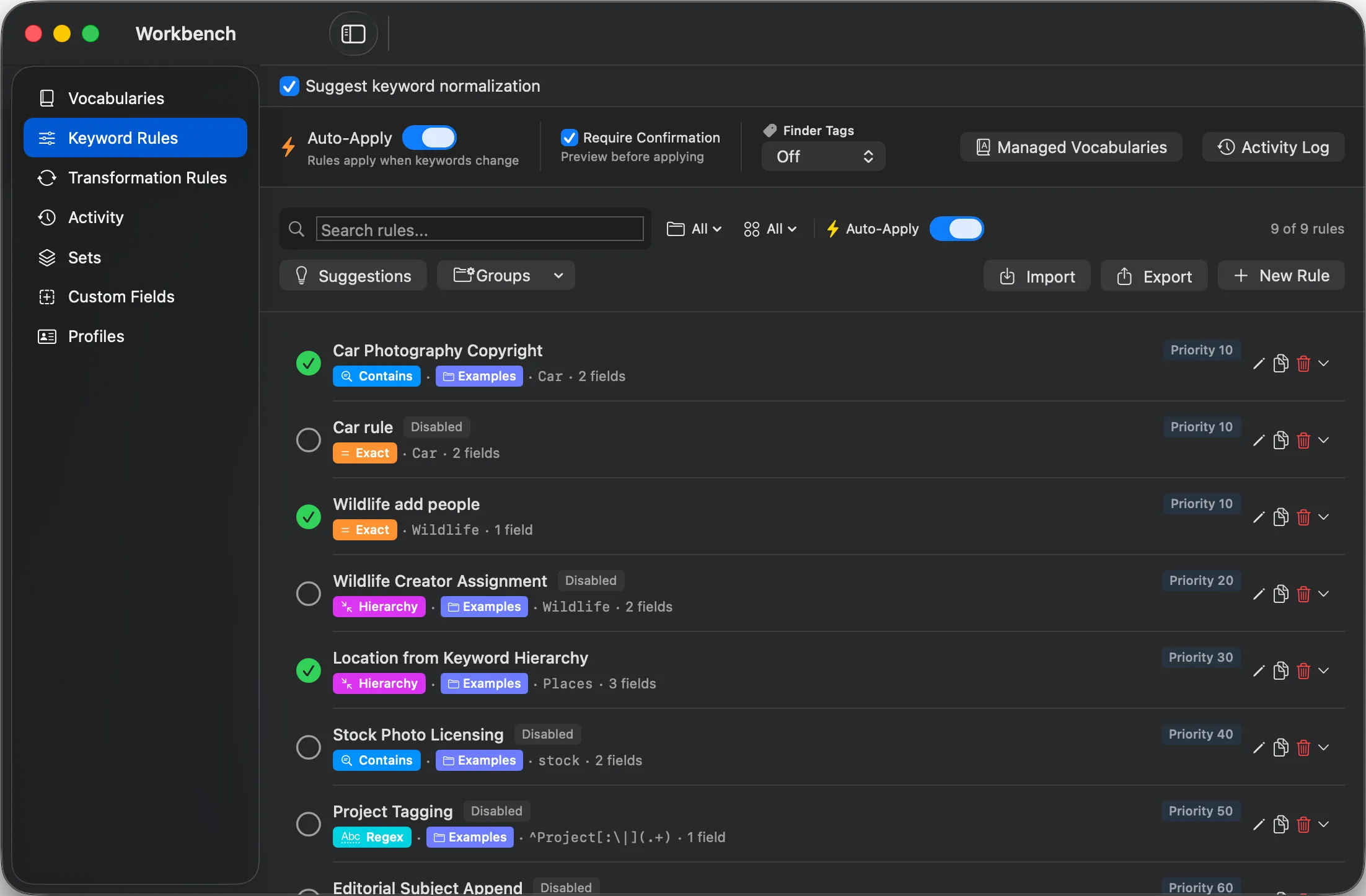 Parergon Keyword Rules automatically applying keywords based on conditions